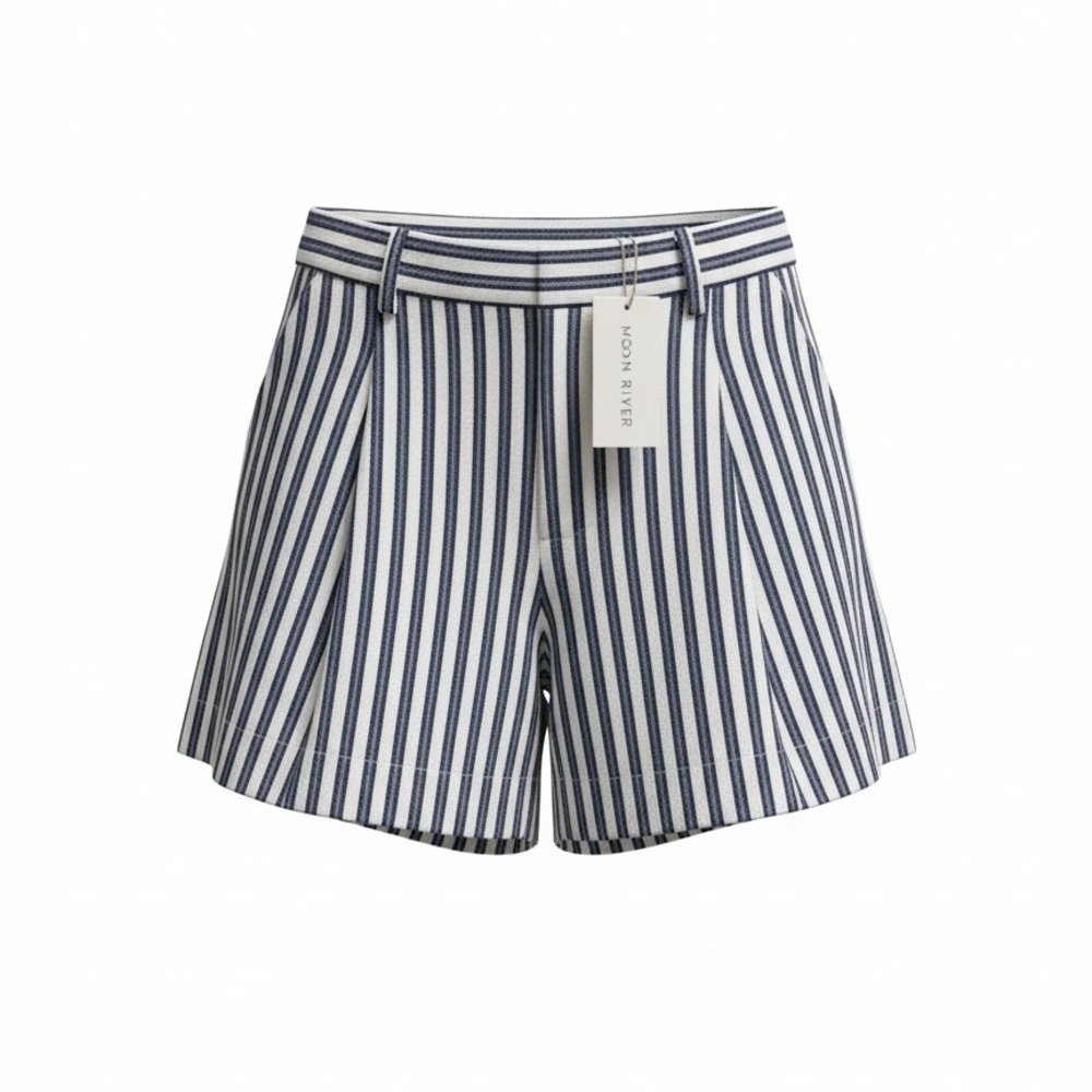 Moon River Navy & White Striped High-Rise Pleated Shorts